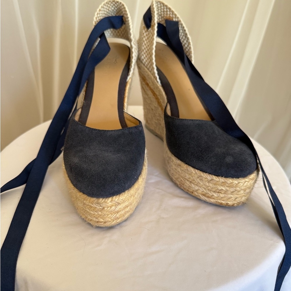 FROM ITALY - MANEBÍ Suede Espadrille Wedges – Wrap Ankle Ribbon - Navy